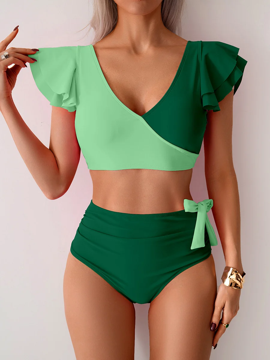 Womens High Waisted Bathing Suits Tummy Control Two Piece Swimsuits Ruffle Bikini Sets Criss Cross Ruched Swimwear